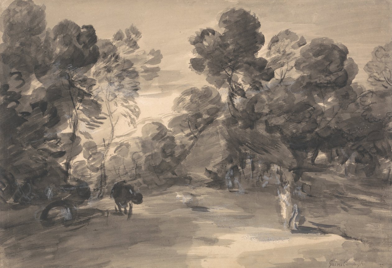 Zalesněná krajina s postavami, chalupou a krávou od Thomas Gainsborough