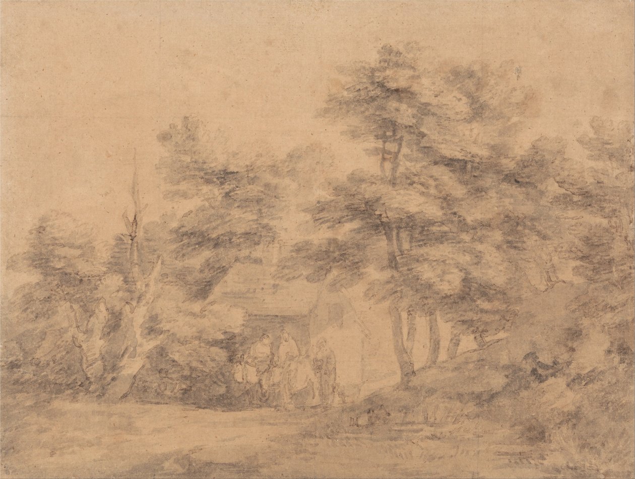 Zalesněná krajina s postavami, osly a chatou od Thomas Gainsborough