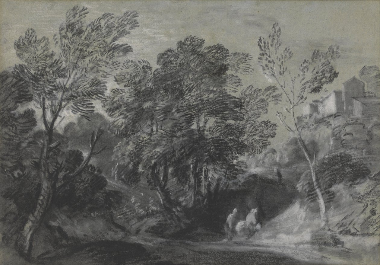 Zalesněná krajina s postavami a domy na kopci od Thomas Gainsborough