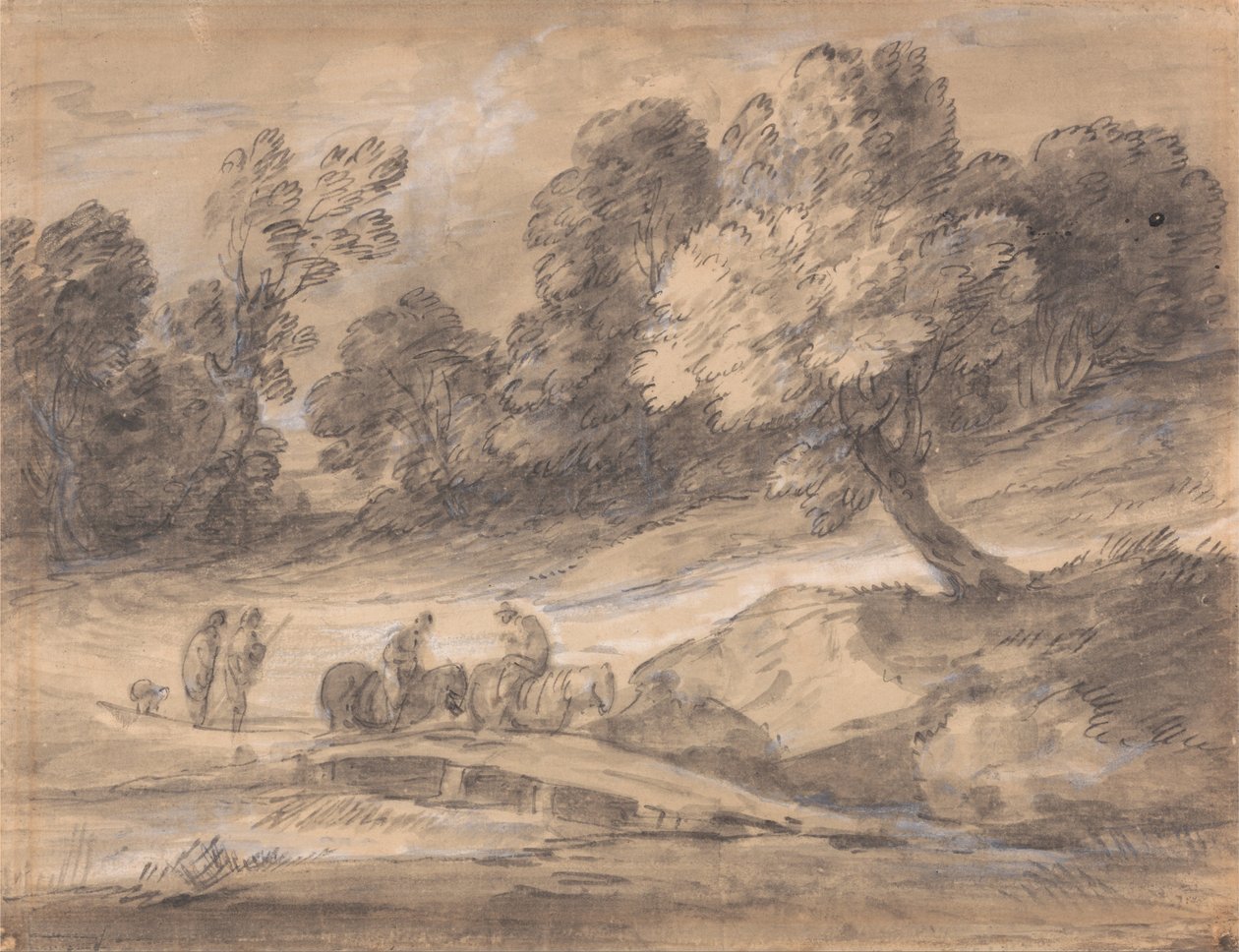 Zalesněná krajina s postavami na koních přes most od Thomas Gainsborough