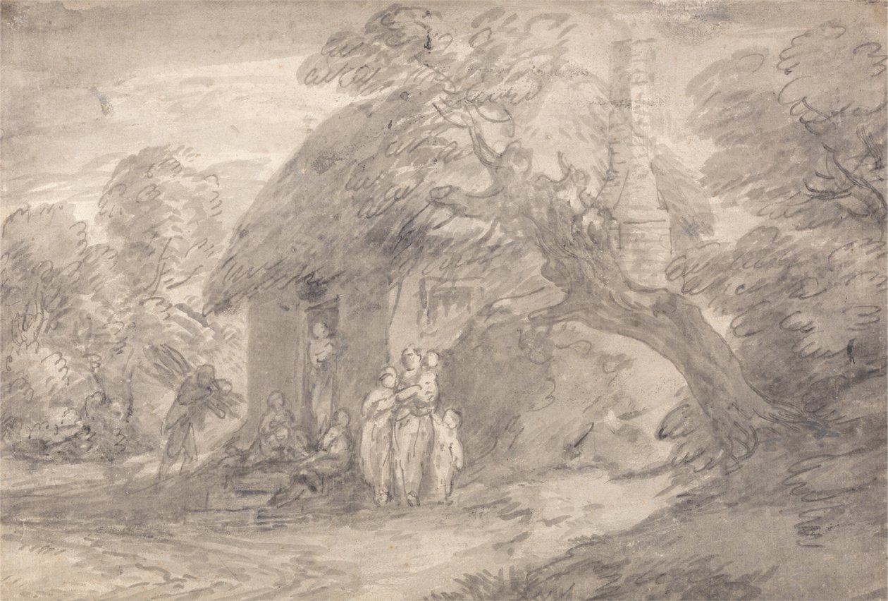 Zalesněná krajina s postavami za dveřmi chaty od Thomas Gainsborough