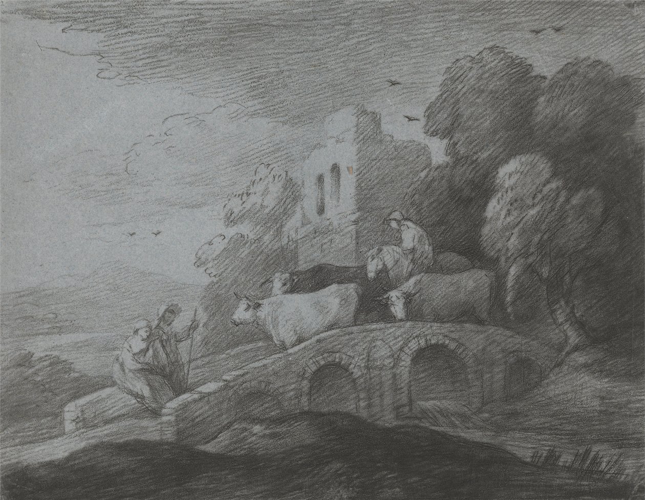 Zalesněná krajina s pastevcem řídícím dobytek přes most, milovníky rustikálu a zničeným hradem od Thomas Gainsborough