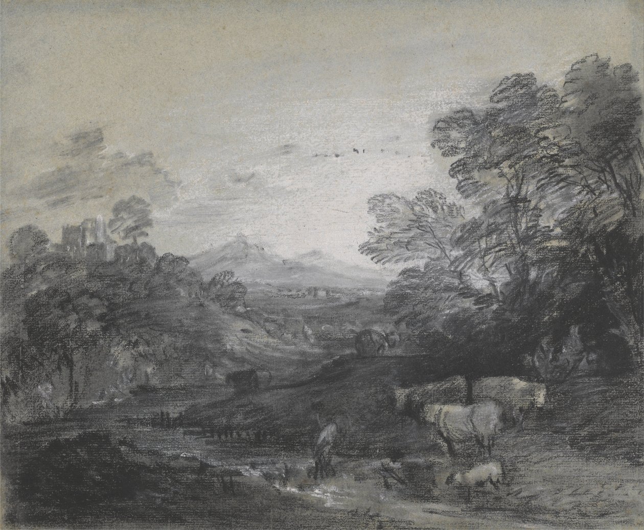 Zalesněná krajina s pastevci a dobytkem, budovy na kopci a milovníci venkova od Thomas Gainsborough