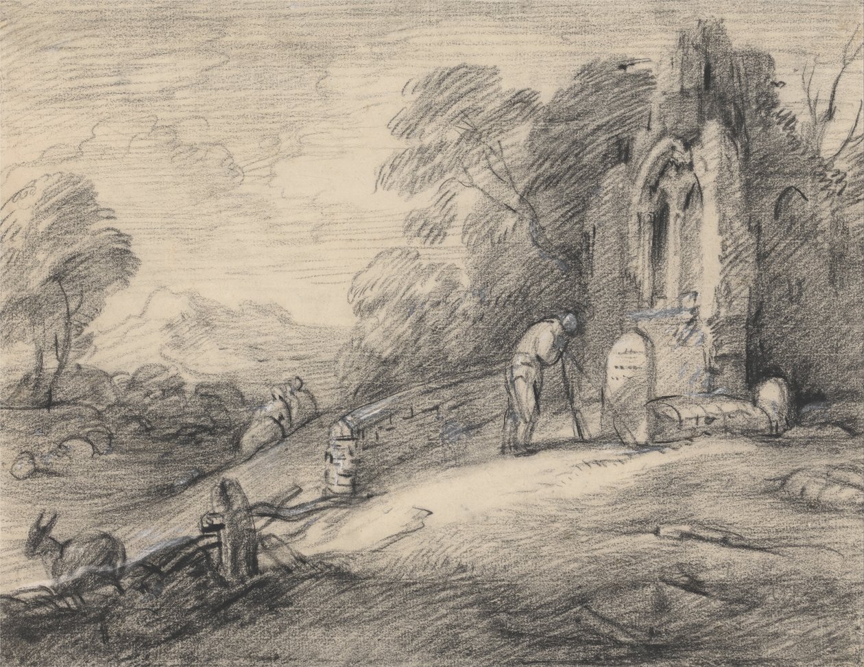 Zalesněná krajina se selským čtením nápisu na náhrobku vedle zničeného kostela, postavy, ... od Thomas Gainsborough