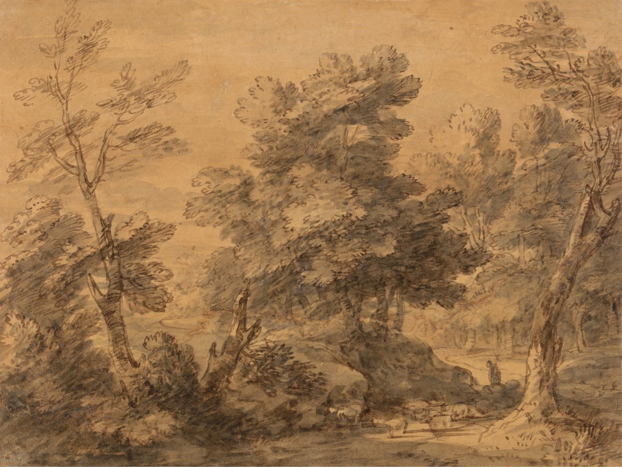 Zalesněná krajina s ovčákem a ovcí od Thomas Gainsborough