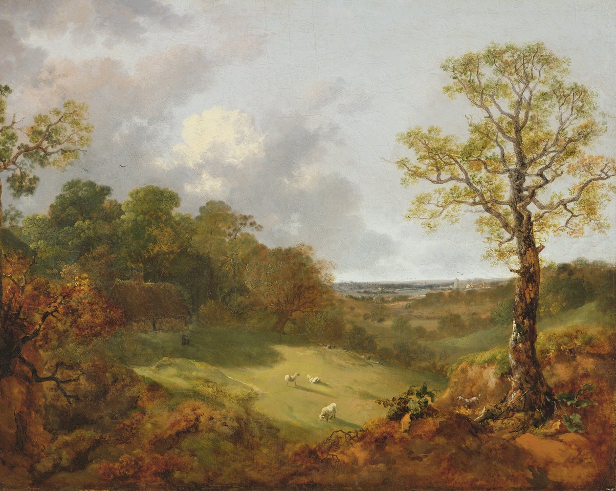 Zalesněná krajina s chalupou, ovcí a ležícím pastýřem, kolem 1748-50 od Thomas Gainsborough
