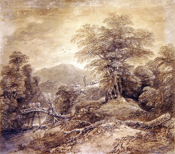 Zalesněná horská krajina Pastýř a krávy na přechodu, 1759 (pero, tuš a čb na papíře) (viz také 352793) od Thomas Gainsborough