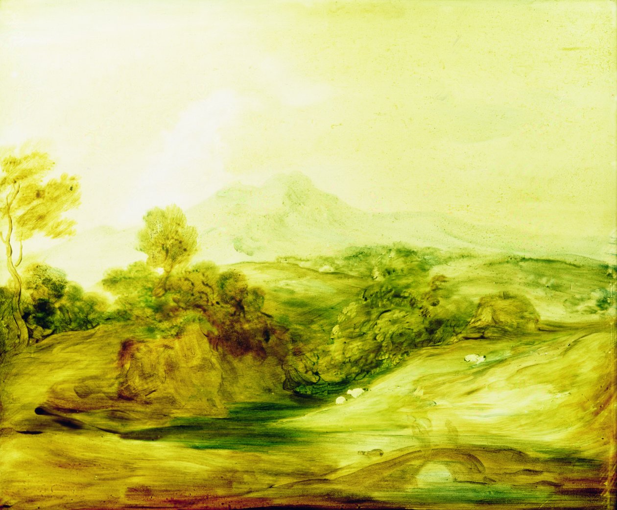 Zalesněná říční krajina s postavami na mostě, cca 1783-4 (malba na skle) od Thomas Gainsborough