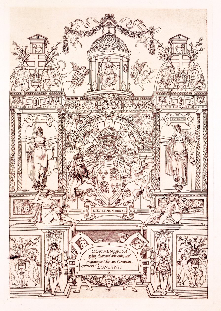 Frontispis ke kompendiu anatomie, 1545 od Thomas Geminus