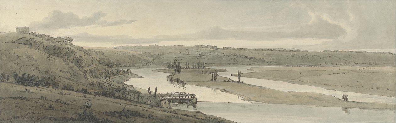 V dálce viděná vodárna v Marli a St. Germain-en-Laye, 1802 (ručně kolorovaný lept) od Thomas Girtin