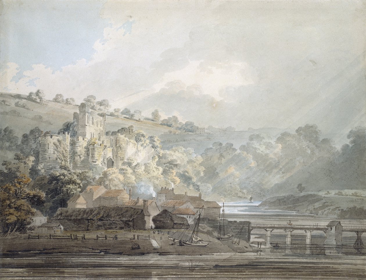 Pohled na Chepstow, Monmouthshire, kolem 1791-92 (akvarel dotčený perem a černým inkoustem přes grafitové náznaky) od Thomas Girtin