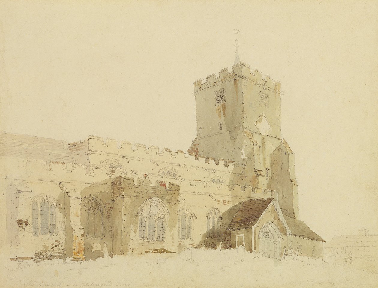 Writtle Church, Essex, cca 1795 (wc přes grafit na papíře) od Thomas Girtin