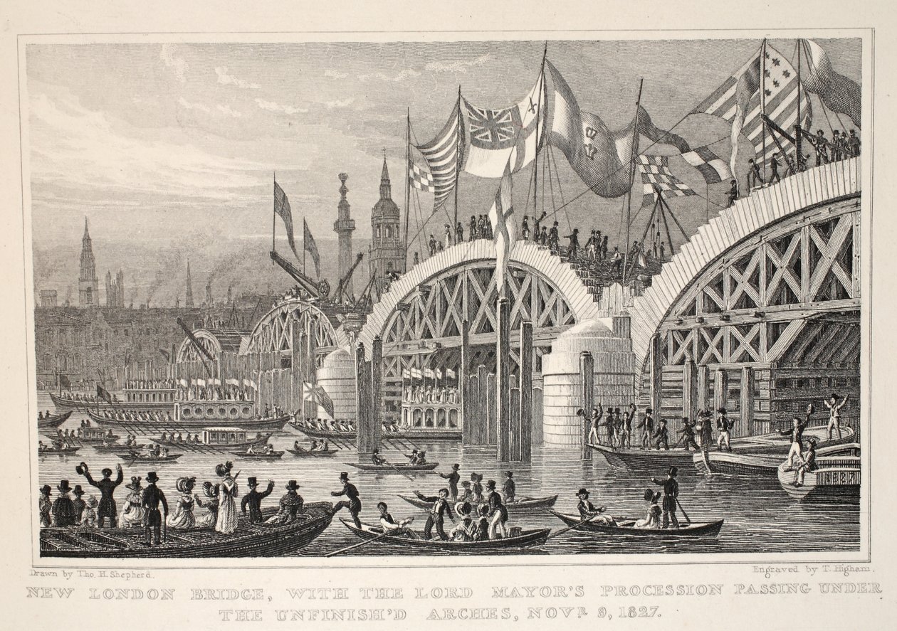 New London Bridge, s průvodem primátora procházejícího pod Unfinished Arches, 8.-9. listopadu 1827, z hospody „Londýn a jeho okolí v devatenáctém století“. Jones und Co., 1827-1829 od Thomas Hosmer Shepherd