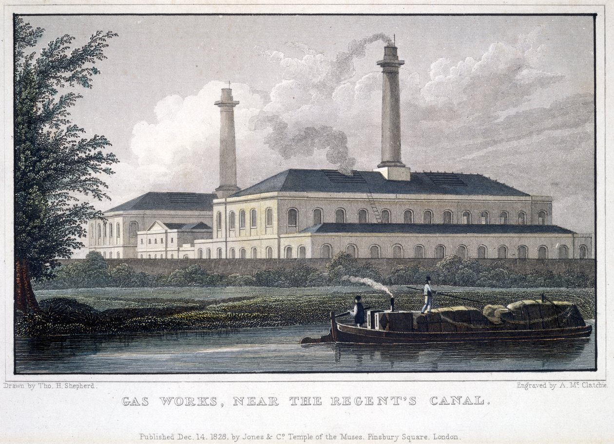 Gas Works, v blízkosti kanálu Regents, vyryl A. McClatchie, 1828 od Thomas Hosmer after Shepherd
