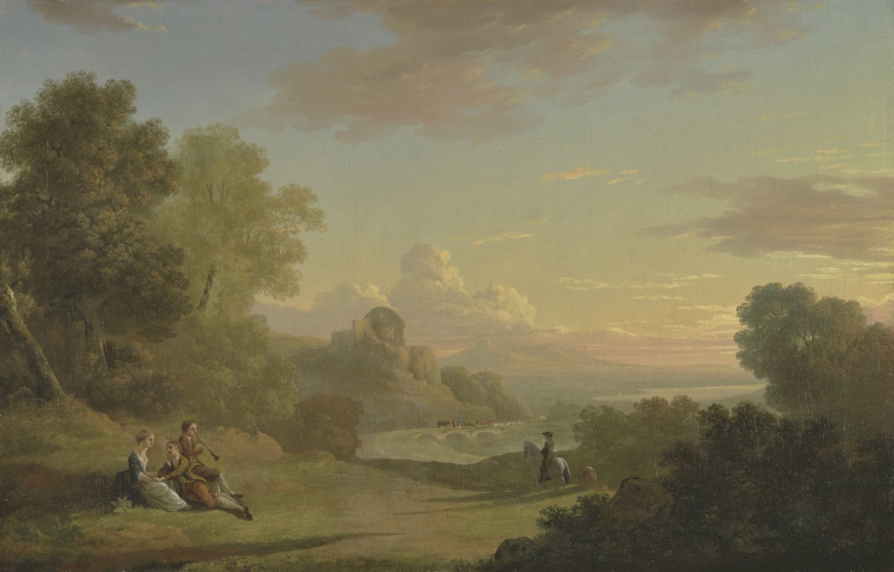 Imaginární krajina s cestovatelem a postavami s výhledem na záliv Baiae, 1773 od Thomas Jones