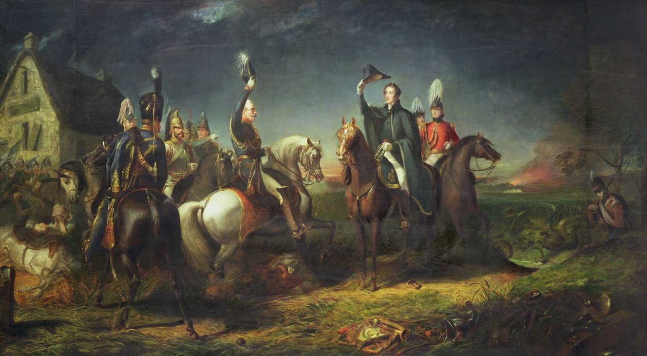 Setkání vévody z Wellingtonu a polního maršála Bluchera na večeru vítězství u Waterloo v La Belle Alliance od Thomas Jones