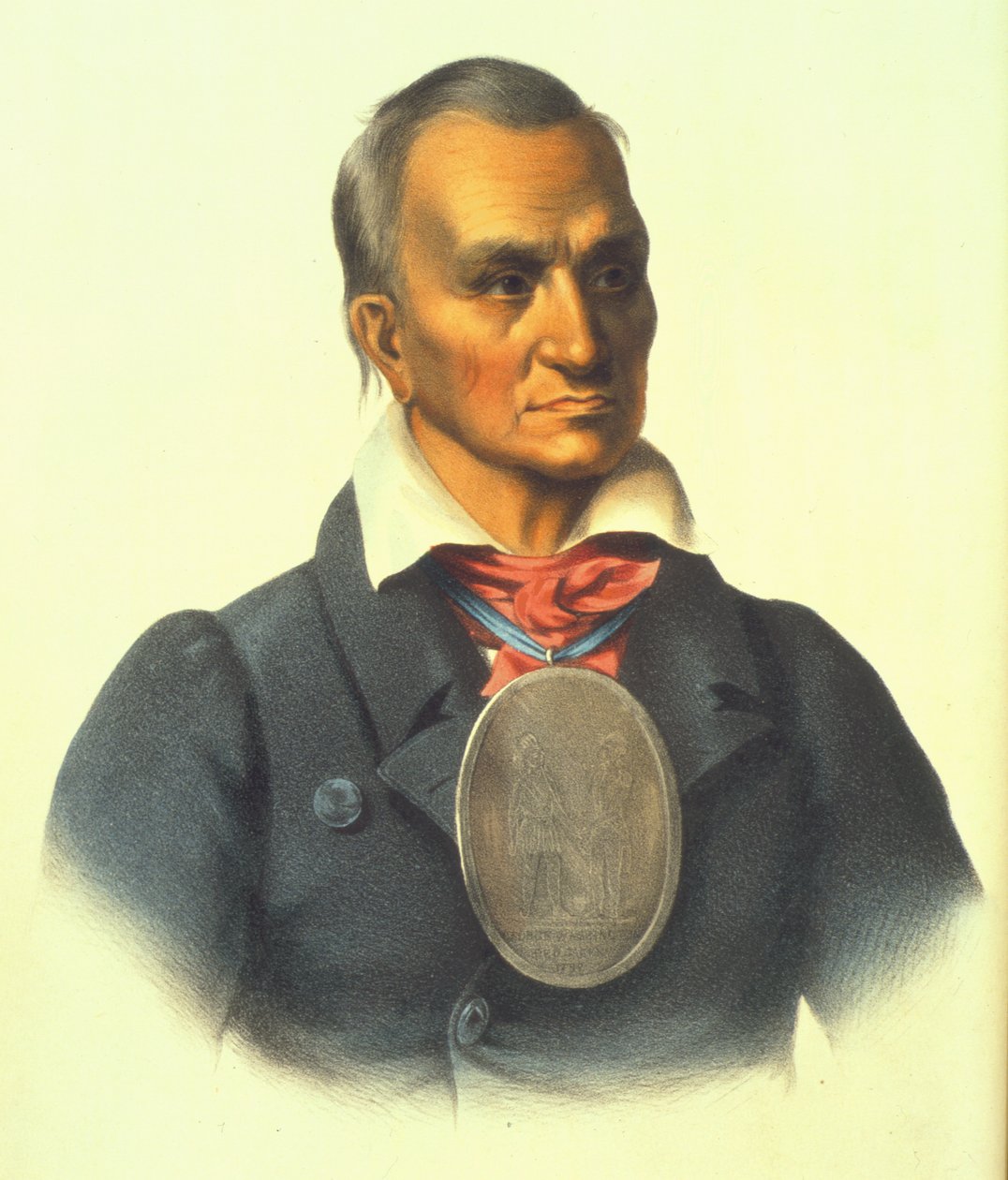 Červený plášť, válečný náčelník Seneků, 1854 (ručně kolorovaná litografie) od Thomas Loraine McKenney