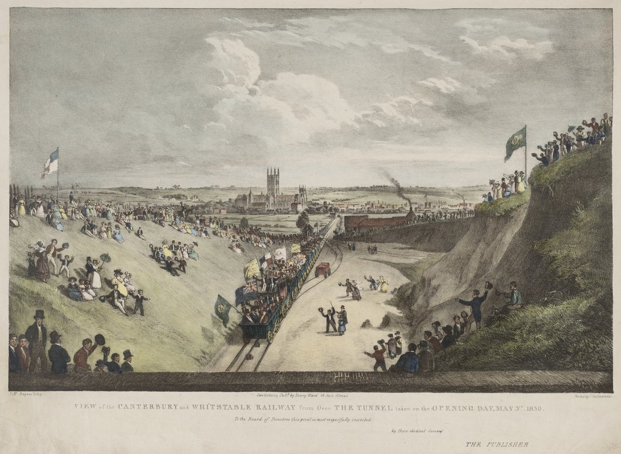 Pohled na železnici Canterbury a Whitstable z Over the Tunnel pořízený v den otevření, 3. května 1830 od Thomas Mann Baynes