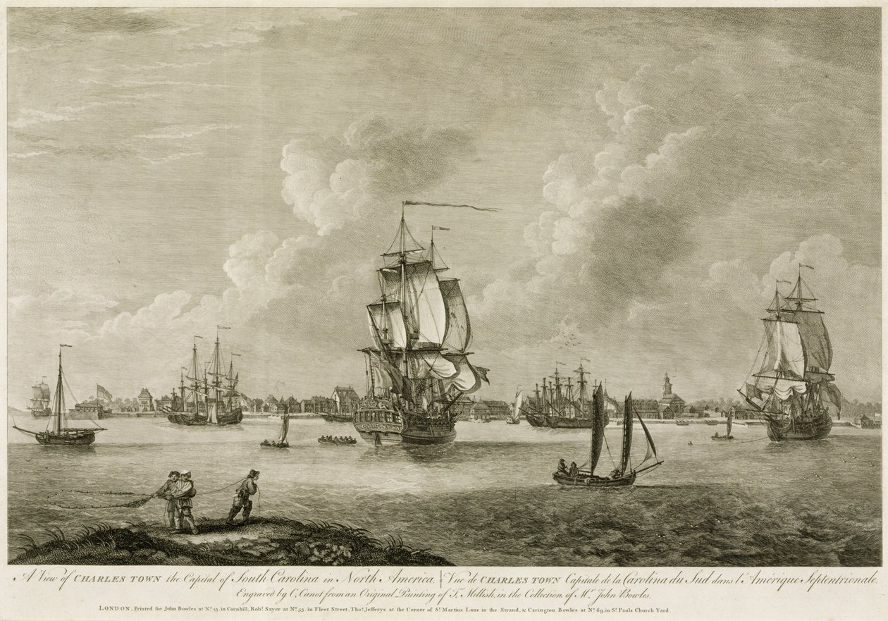 Pohled na Charles Town, hlavní město Jižní Karolíny v Severní Americe, z knihy "Scenographia Americana", kterou vyryl Pierre Charles Canot (1710-77), vydáno 1758-60 od Thomas Mellish