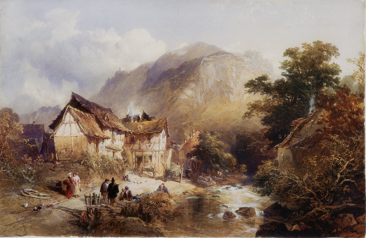 Vesnice Sayn, na řece Bertich Bach, Prusko (tělové barvy a akvarel na papíře) od Thomas Miles II Richardson