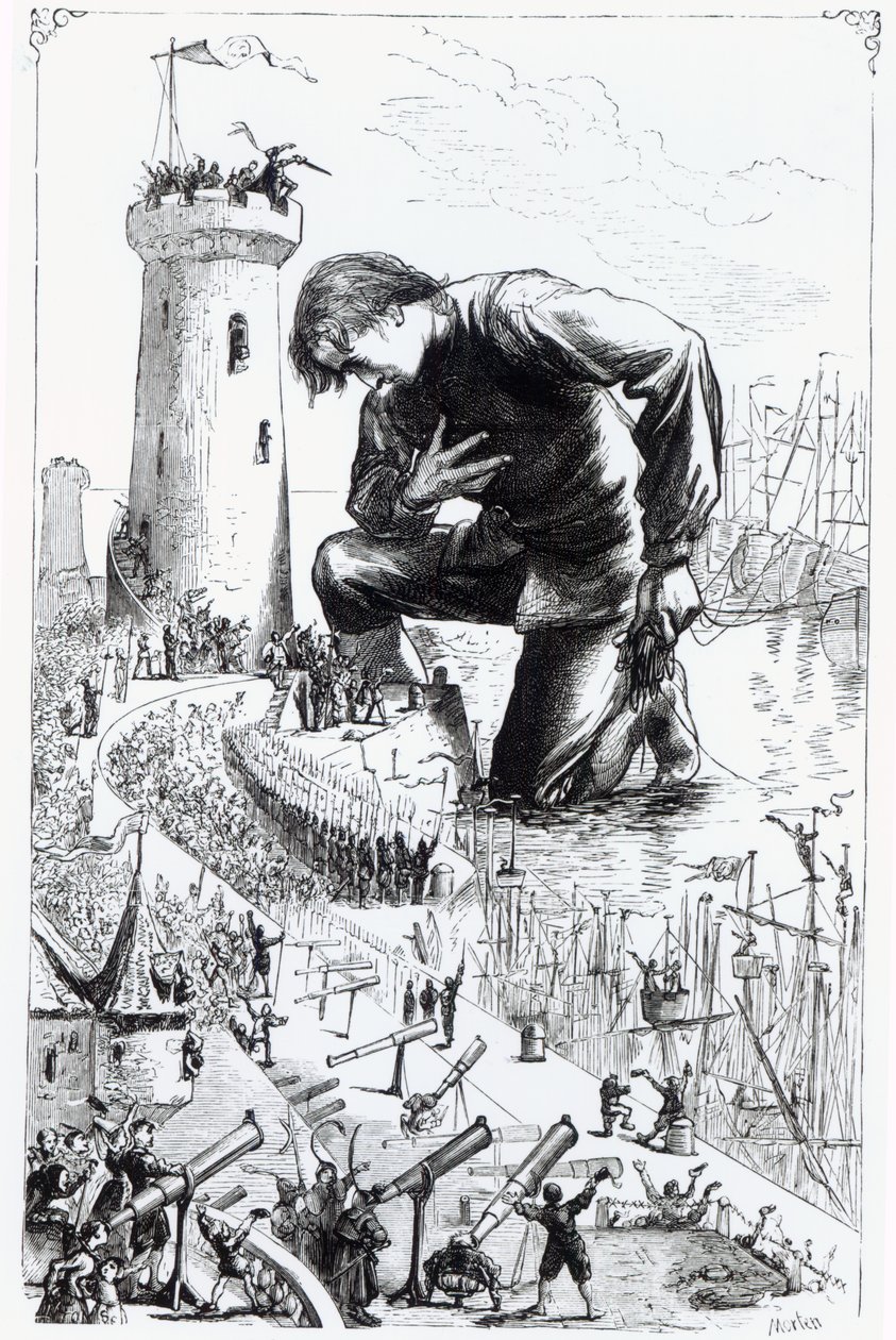 Gulliver klečí před liliputány poté, co ukradl blefuscudskou flotilu, ilustrace z „Gulliver