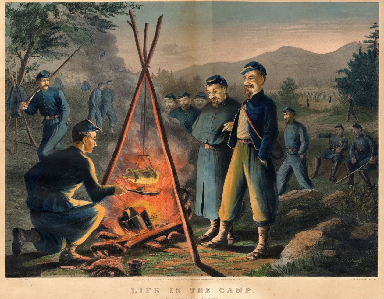 Life in the Camp, publikoval Currier und Ives, 1863 od Thomas Nast