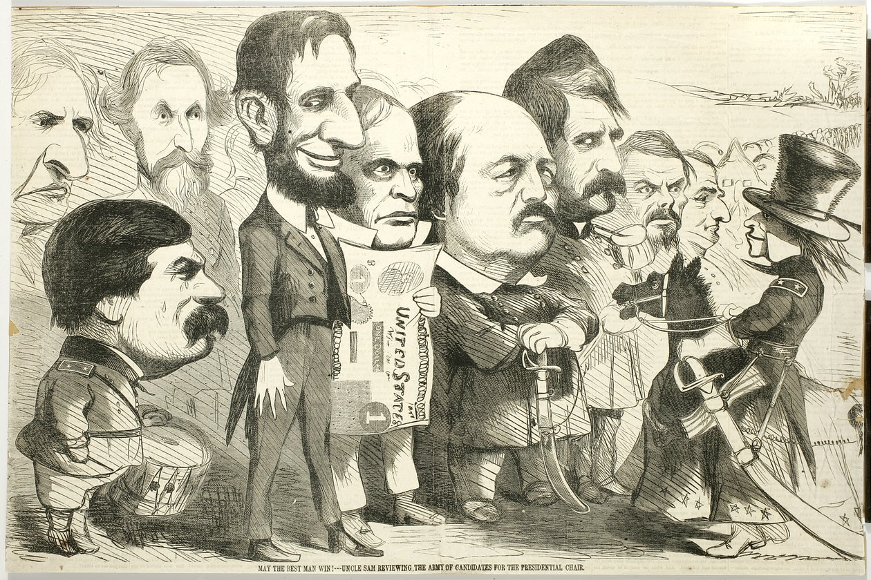 Ať vyhraje ten nejlepší! Uncle Sam Reviewing the Army of Candidates, 1864 (dřevoryt) od Thomas Nast