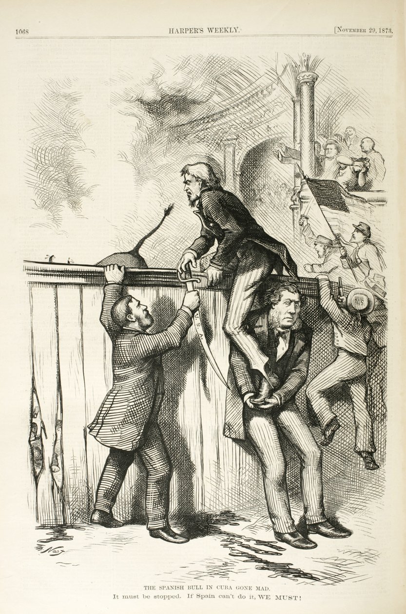 Španělský býk na Kubě se zbláznil, 1873 (dřevoryt) od Thomas Nast