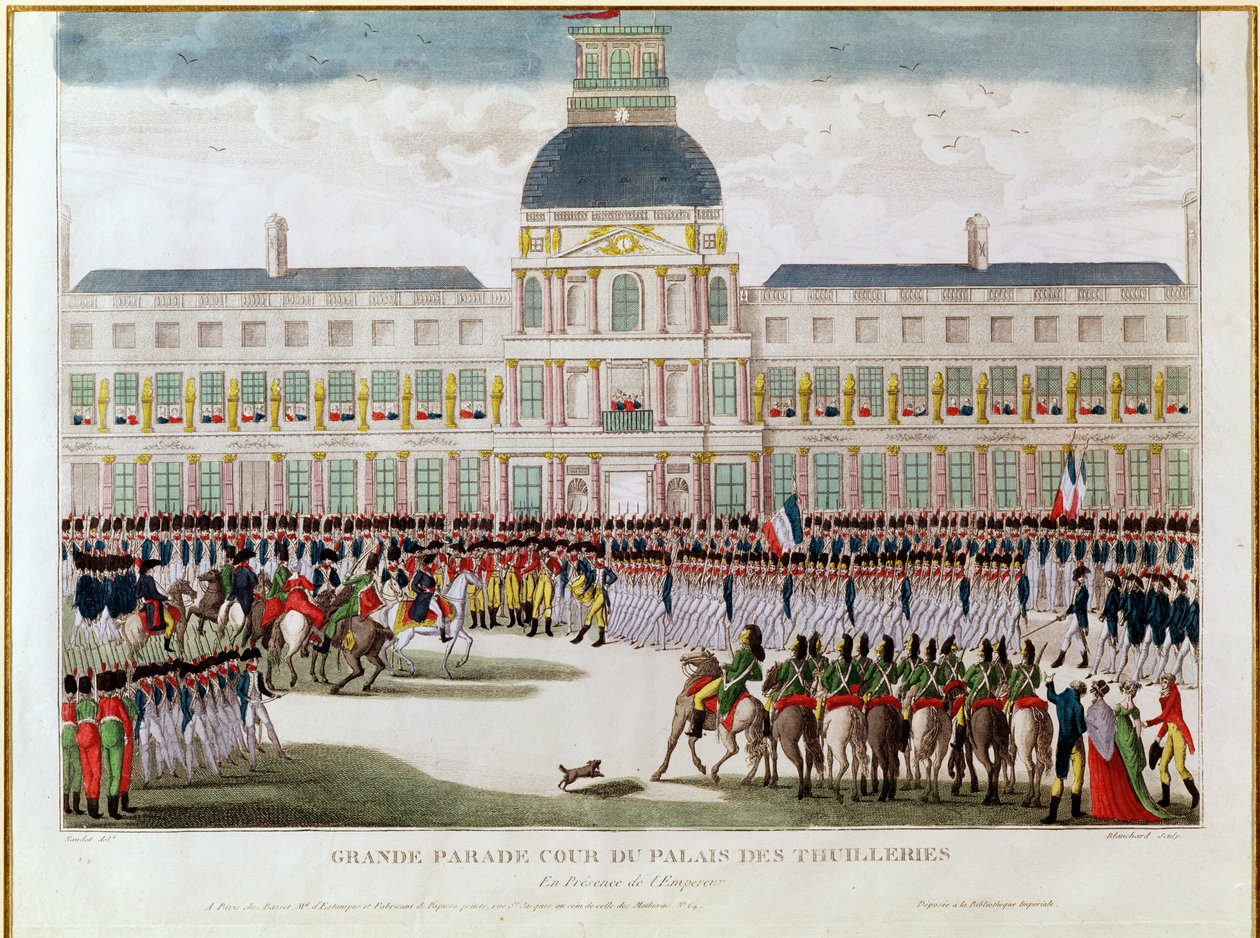 Průvod na nádvoří Palais des Tuileries v přítomnosti císaře, vyryl Blanchard od Thomas Naudet