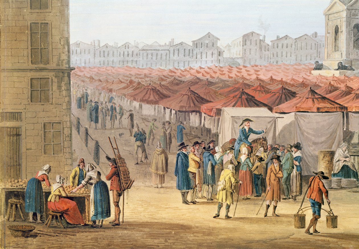 Marche des Innocents, detail levé strany, cca 1794-1810 (wc und kvaš na papíře) od Thomas Naudet