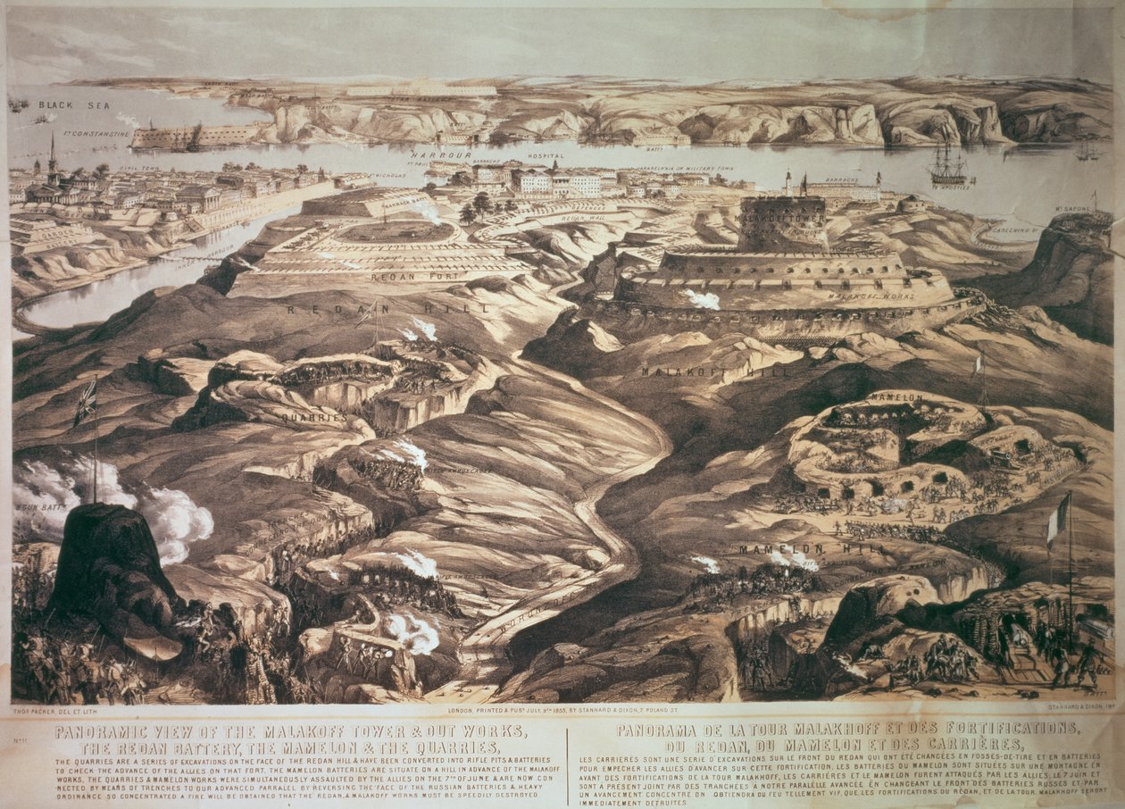 Panoramatický výhled na Malakoff Tower a Out Works, Redan Battery, Mamelon a lomy, hospoda. 1855 Stannardem a Dixonem od Thomas Packer