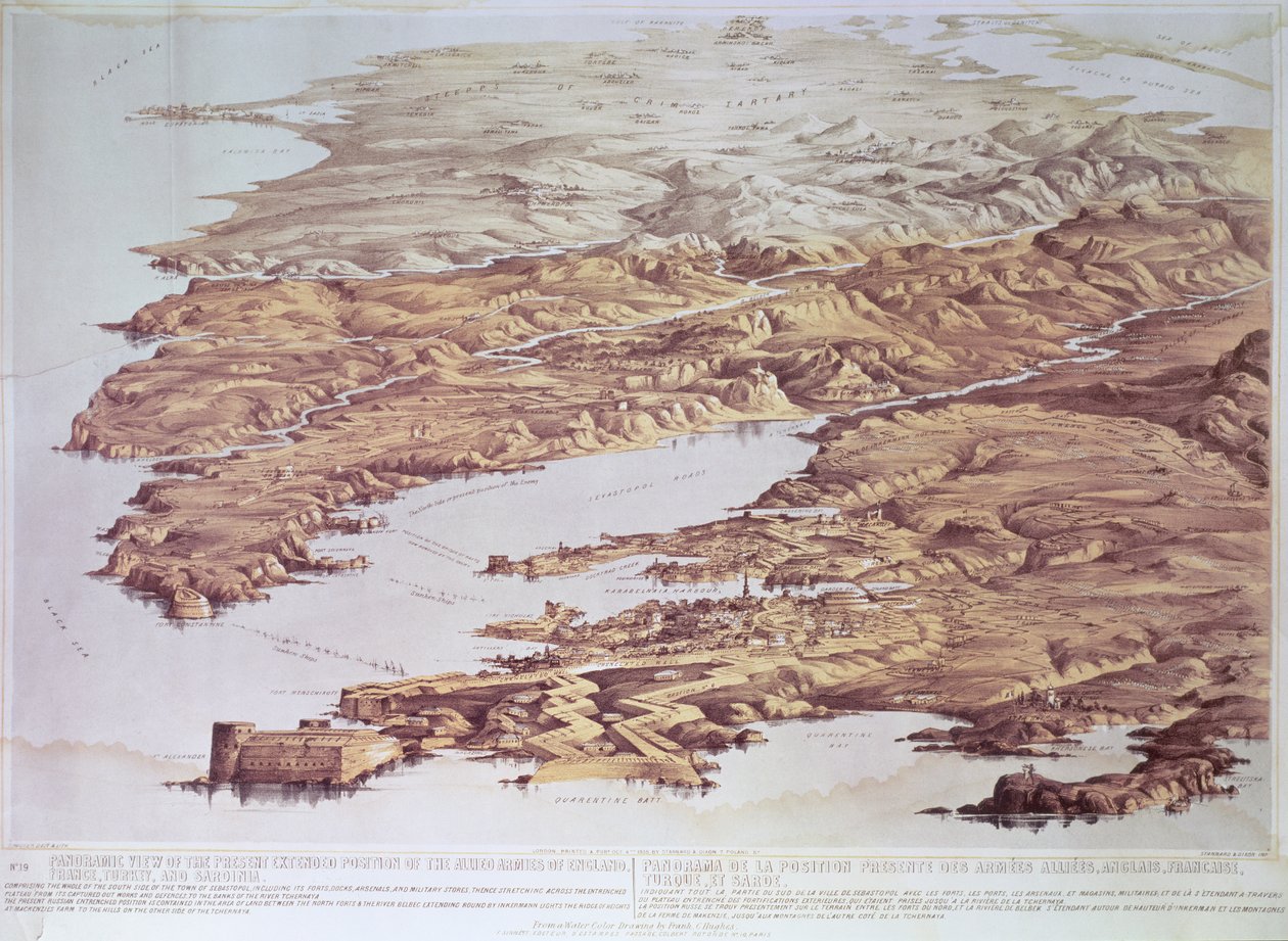 Panoramatický pohled na současnou rozšířenou pozici spojeneckých armád Anglie, Francie, Turecka a Sardinie z akvarelové kresby Franka C. Hughese, hospoda. Stannard a Dixon, 1855 od Thomas Packer