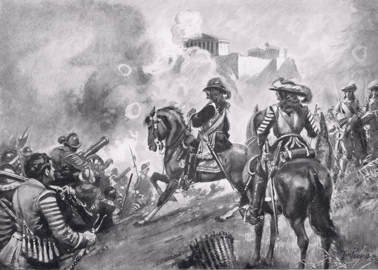 Francesco Morosini Bombardování Parthenonu, ilustrace z Hutchinsonovy Historie národů od Thomas Peddie