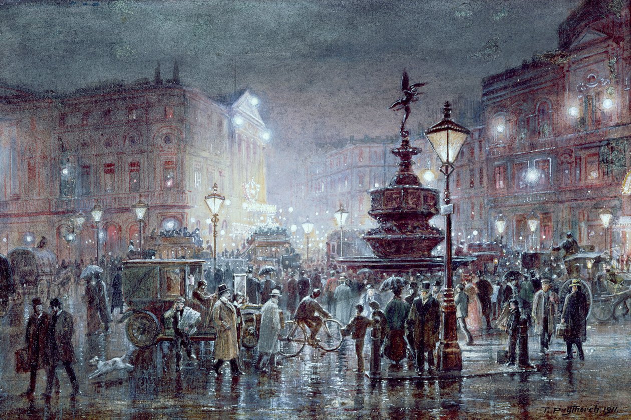 Piccadilly Circus v noci, 1911 (wc a kvaš na papíře) od Thomas Prytherch