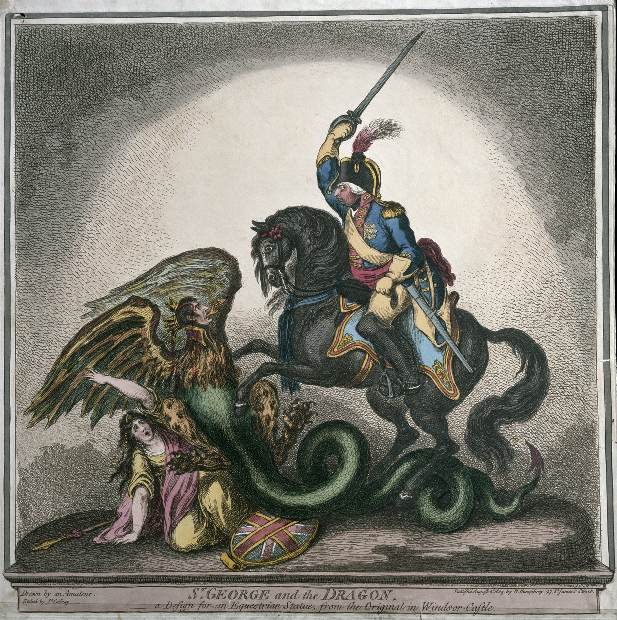 St. George and the Dragon, návrh jezdecké sochy, z originálu na hradě Windsor, vyrytý Jamesem Gillrayem (1756-1815) vydaný Hannah Humphrey v roce 1805 (ručně kolorovaný lept) od Thomas Richmond Gale Braddyll