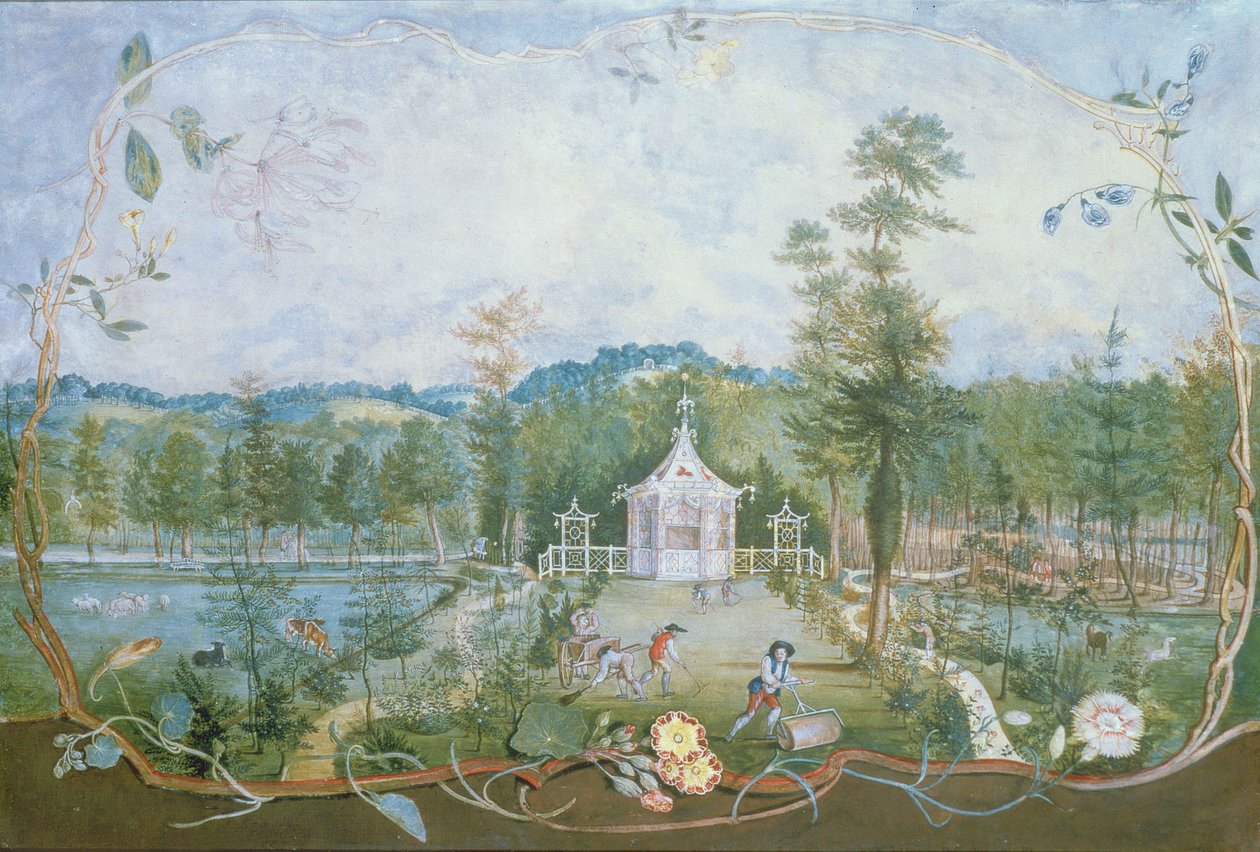 Čínský pavilon v anglické zahradě, 18. století (wc a kvaš na papíře) od Thomas Robins