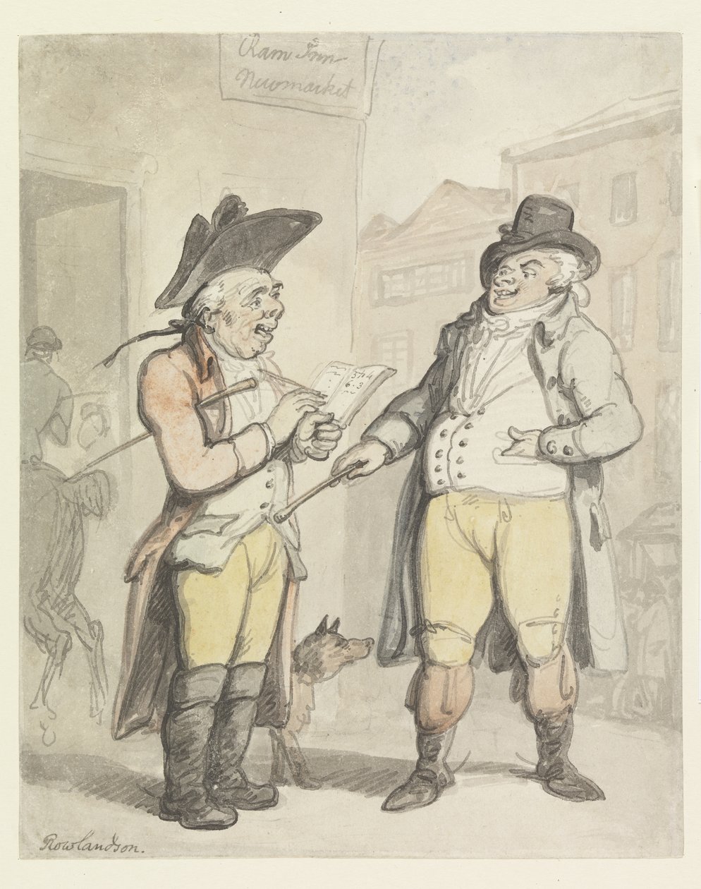 Bookmaker a jeho klient mimo Ram Inn, Newmarket (wc s perem a inkoustem na papíře) od Thomas Rowlandson