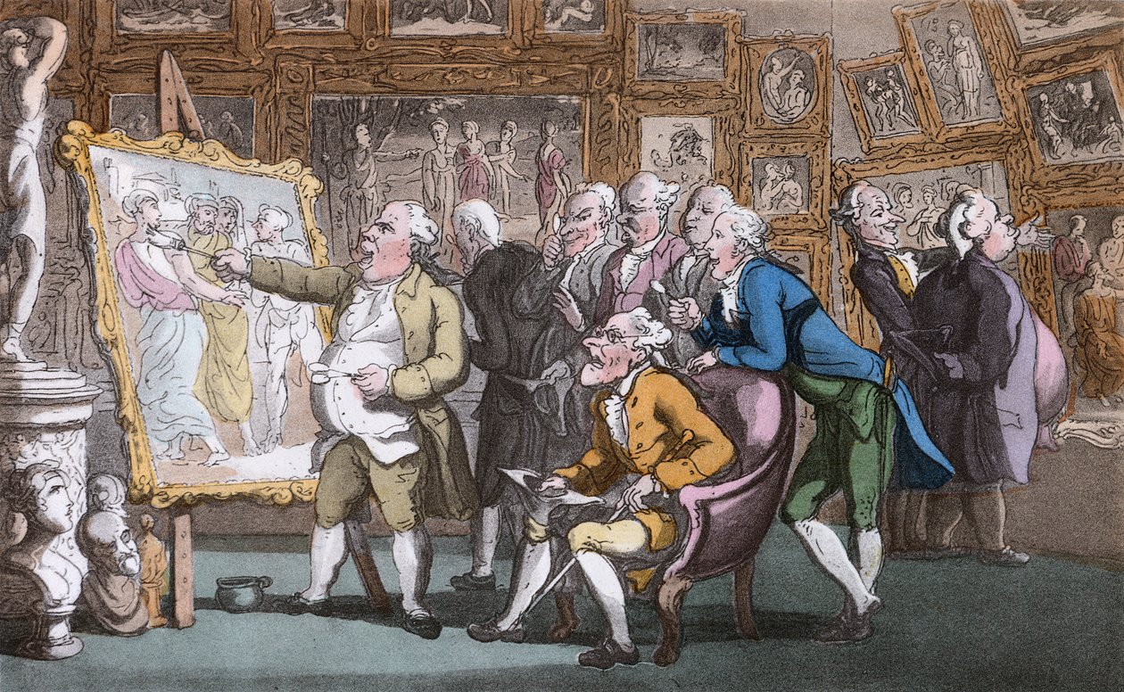 Znalec, ilustrace z knihy Olivera Goldsmithe "Farář z Wakefieldu", vyd. Ackermann, 1817 (ručně kolorovaná akvatinta) od Thomas Rowlandson