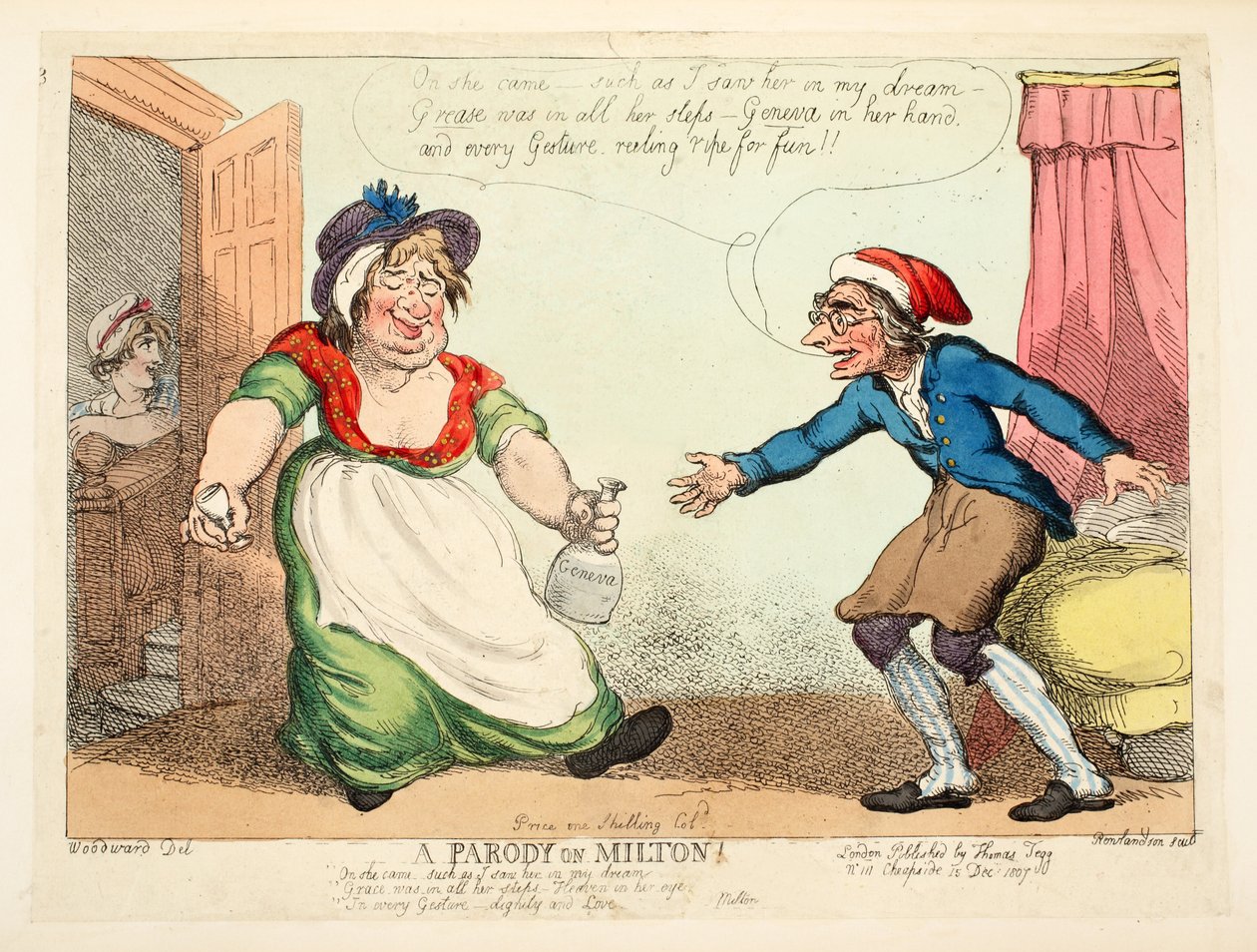 Parodie na Miltona, hospoda. 1807 (ručně kolorovaný lept) od Thomas Rowlandson