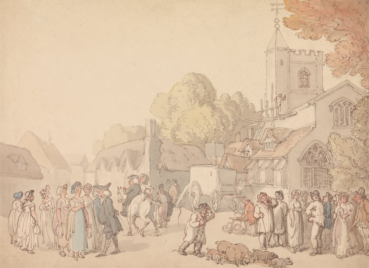 Vesnická scéna mimo kostel od Thomas Rowlandson