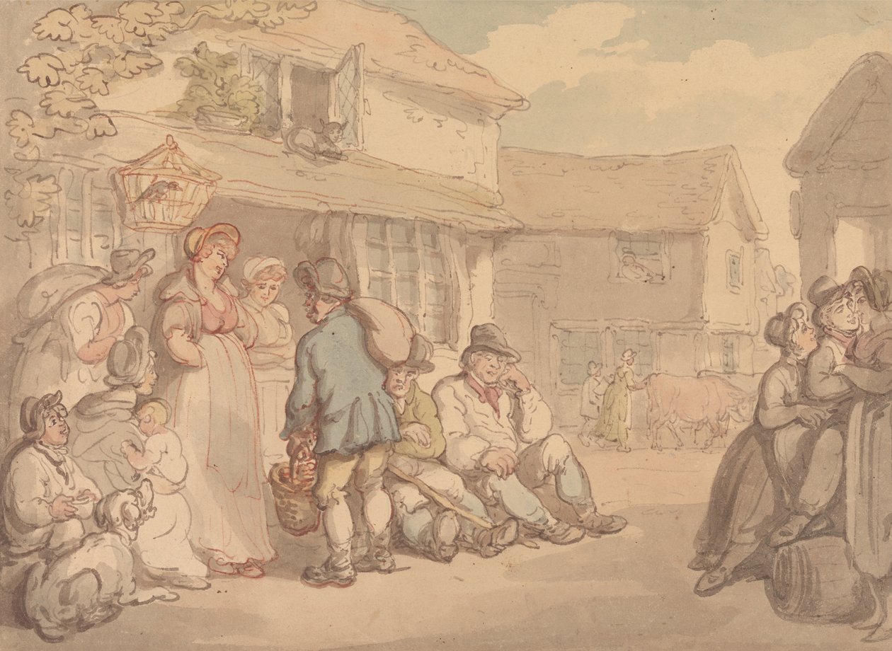 Vesnická scéna s odpočinkem rolníků od Thomas Rowlandson