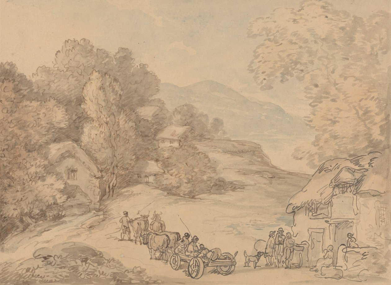 Vesnice v kopcovité krajině od Thomas Rowlandson