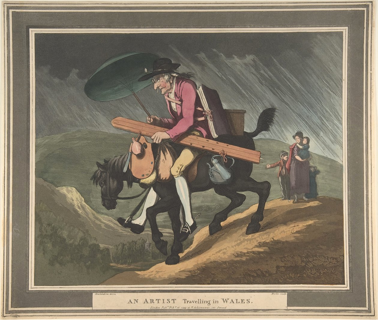 Umělec na cestách ve Walesu, hospoda. 1799 (ručně kolorovaný lept od Thomas Rowlandson