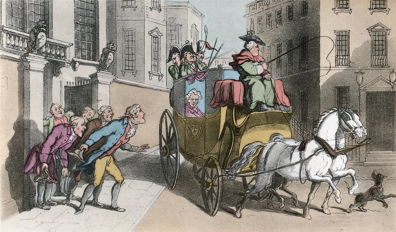Obsluha šlechtice, ilustrace z knihy Olivera Goldsmithe "Farář z Wakefieldu", vyd. Ackermann, 1817 (ručně kolorovaná akvatinta) od Thomas Rowlandson