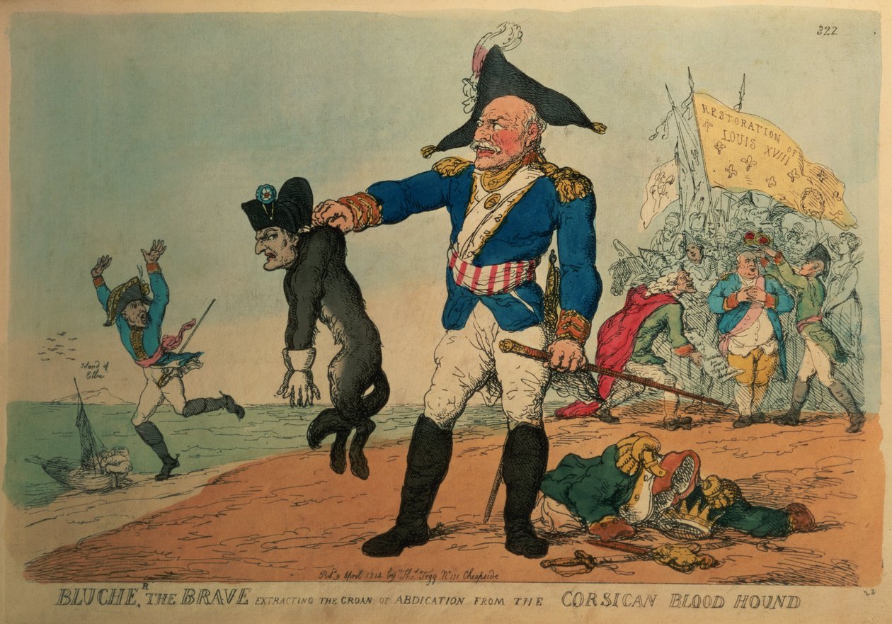 Blucher the Brave (1742-1819): Získání abdikačního sténání od korsického Bloodhounda, Napoleon, od Thomas Rowlandson