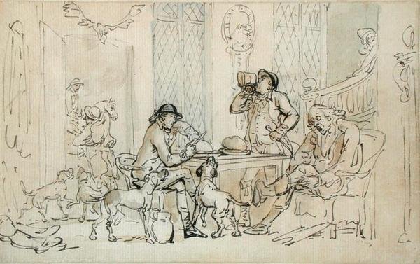 Snídaně před lovem, kolem 1785-90 (pero a inkoust s hnědou a modrou barvou na papíře) od Thomas Rowlandson