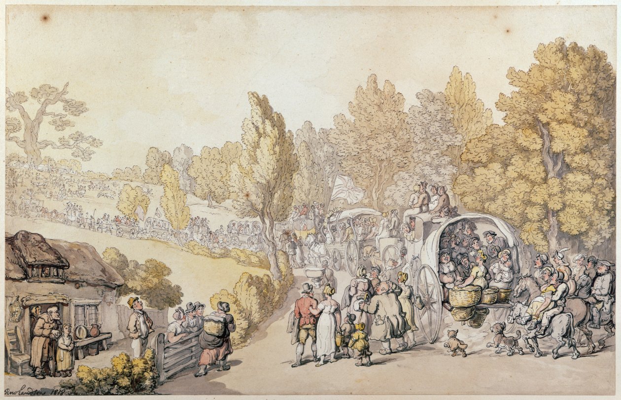 Karikatura zobrazující venkovany odjíždějící do města, 1818 (ručně kolorovaná rytina) od Thomas Rowlandson
