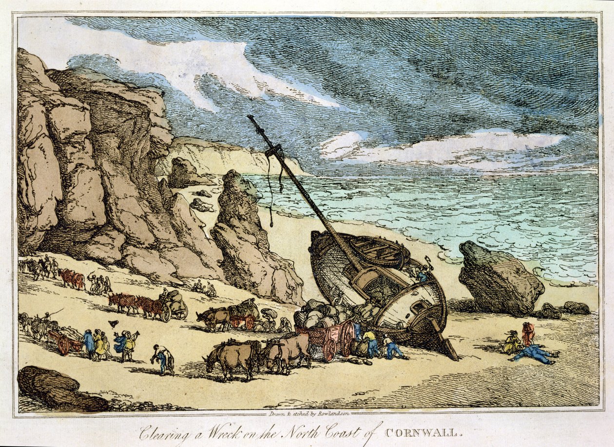 Odklízení vraku na severním pobřeží Cornwallu, z knihy "Sketches from Nature", vydané roku 1822 (ručně kolorovaný lept) od Thomas Rowlandson