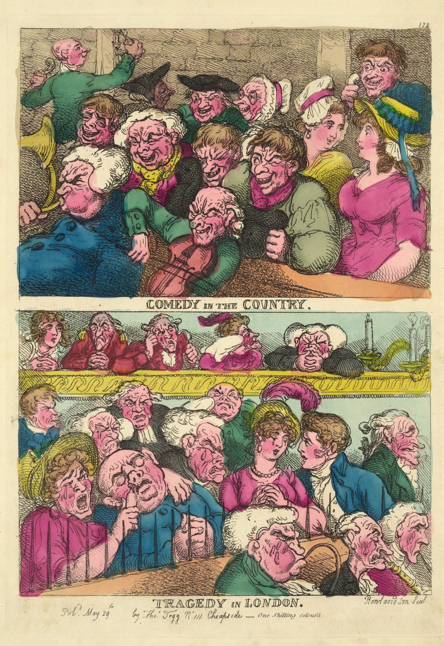 Komedie na venkově, Tragédie v Londýně, 1807 (ručně kolorovaná rytina) od Thomas Rowlandson