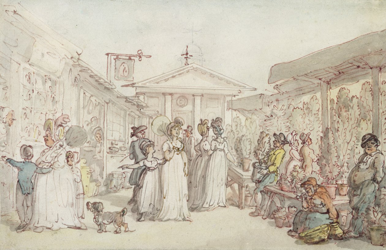 Covent Garden Market, asi 1795-1810 (pero a tuš, čb a tužka na vliesovém papíře) od Thomas Rowlandson